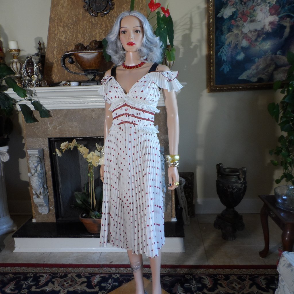 New Self-Portrait White & Red Polka Dot Chiffon Pleated Midi Dress Size 6